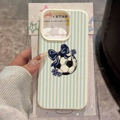 1pc TPU Material Sweet Blue & White Striped Bow Tie Football Pattern Phone Case Compatible With IPhone 17 Pro Max/17/16 Pro Max/15/13/12/11, S20 FE/A15/S24/A55, Note 11/Note 12/Note 13 Pro, Full Coverage Anti-Drop Soft Protective Phone Case