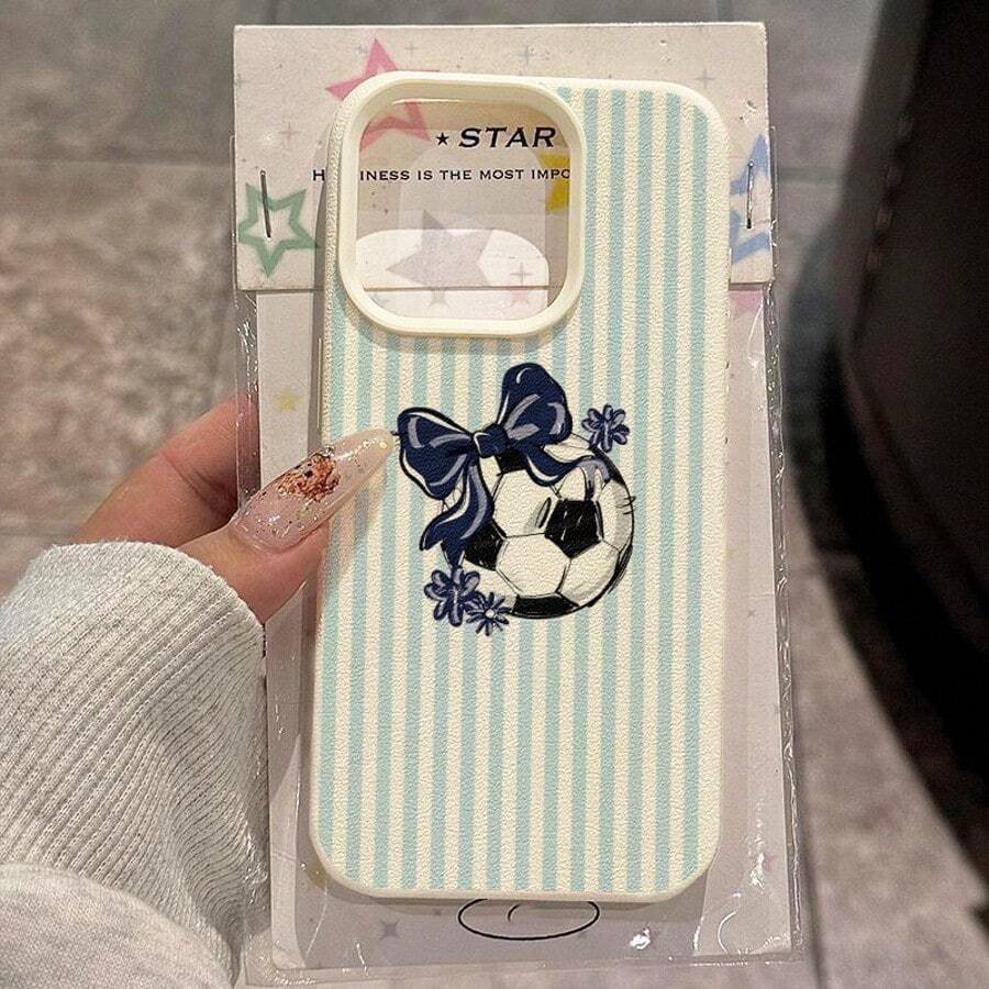 1pc TPU Material Sweet Blue & White Striped Bow Tie Football Pattern Phone Case Compatible With IPhone 17 Pro Max/17/16 Pro Max/15/13/12/11, S20 FE/A15/S24/A55, Note 11/Note 12/Note 13 Pro, Full Coverage Anti-Drop Soft Protective Phone Case - White - View 1
