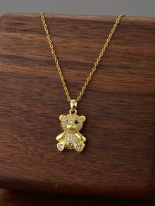 1pc Fashionable Cute Micro-Inlaid Zirconia Heart Bear Pendant Stainless Steel Necklace, Suitable For Daily Wear, Ideal Gift For Christmas, Mother's Day, Valentine's Day, Anniversary, Women's Jewelry Gift (Note: Due To Lighting And Shooting Angles, There May Be Slight Color Differences Between The Actual Product And The Picture) - Multicolor - View 3