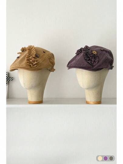 Retro Pleated Button Front Cap, Vintage Sweet Casual Brimmed Hat For Women Spring/Summer, Versatile Striped Newsboy Cap For Women Autumn/Spring Outdoor, Fashion Sunscreen Hat
