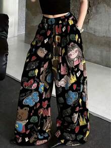 女士卡通印花阔腿裤，宽松休闲裤 - 黑色 - 查看 10