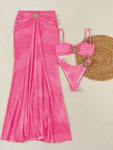 Hàng mới về: Bộ bikini hai mảnh in hoa gồm dây đeo vai và chân váy ngắn, kiểu dáng thanh lịch, thoải mái, gợi cảm, thích hợp cho kỳ nghỉ biển, hẹn hò, dự tiệc, màu hồng. - Hồng - Xem 3
