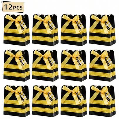 12个装蜜蜂图案糖果饼干纸盒，带丝带蜂巢造型礼品包装盒，适用于婴儿派对、生日派对装饰
