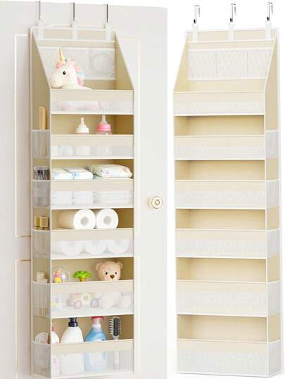 1 chiếc hộp đựng đồ treo cửa màu be, 6 ngăn lớn có cửa sổ, tủ quần áo và 13 ngăn lưới, hộp đựng đồ dùng cần thiết cho phòng trẻ em, phòng ngủ, phòng tắm, phòng đựng đồ dùng nhà bếp, phòng ký túc xá.