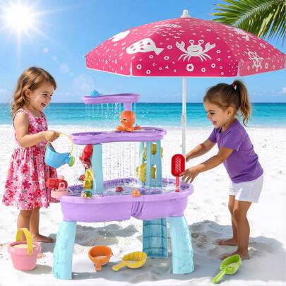 Wee Wonders 3-Tier Water Table For Toddlers, Kids Sand Water Table With Adjustable Umbrella, Sand Toys & Fishing Game, Sensory Table Activity Playset For Outdoor Beach, Summer Toys For Boys Girls 3-5,Purple