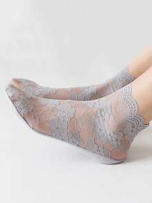chuanwa（2） 1/5/10 Pairs Women's Spring/Summer Lolita Style Thin Breathable Hollow-Out Solid Color Fashion Lace Plum Blossom Pattern Ankle Socks - Multicolor - View 8