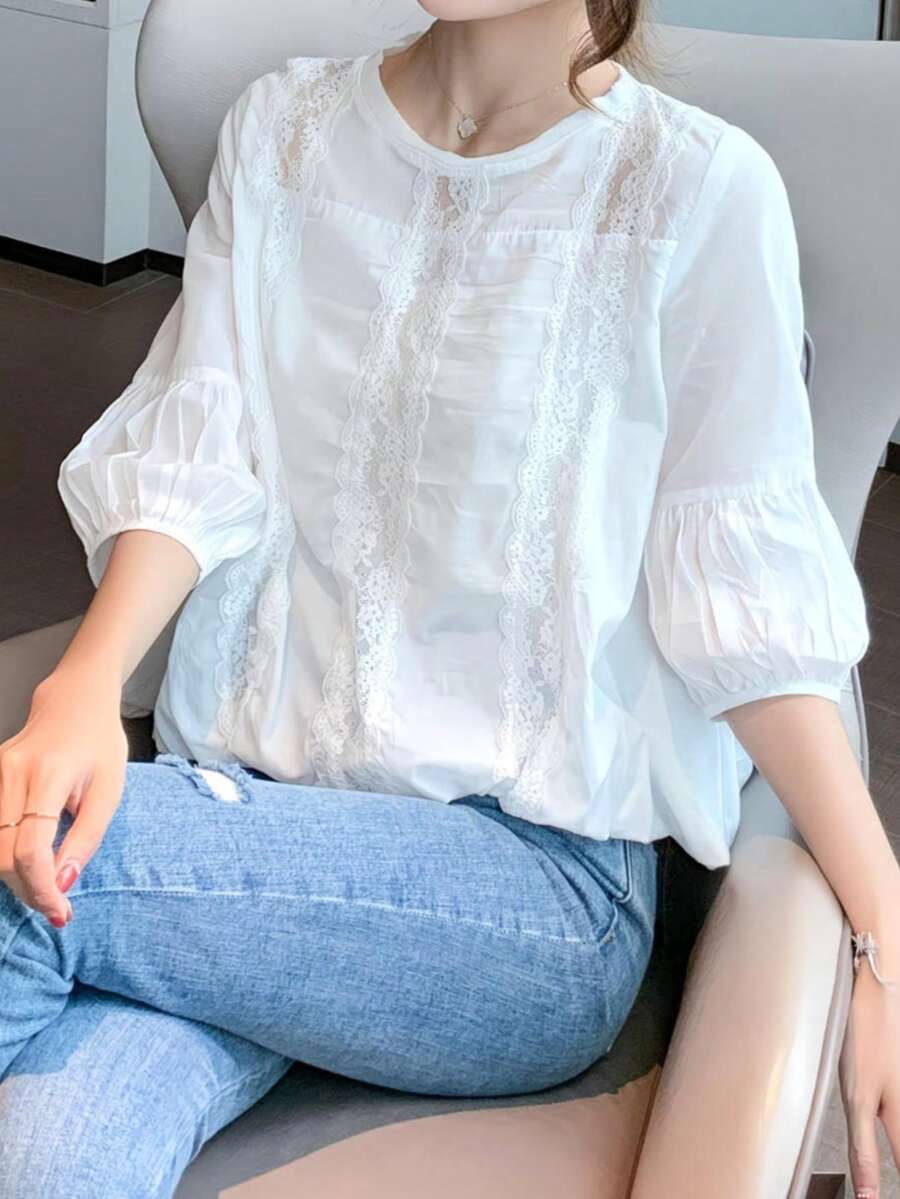 Áo kiểu hai lớp viền ren xếp tầng dành cho nữ, kiểu dáng thanh lịch, phù hợp cho mùa xuân và mùa hè. - trắng - Xem 1