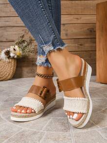 女士编织豹纹坡跟凉拖鞋，休闲露趾厚底草编拖鞋，适合夏季日常穿着和海滩度假 - 白色 - 查看 3