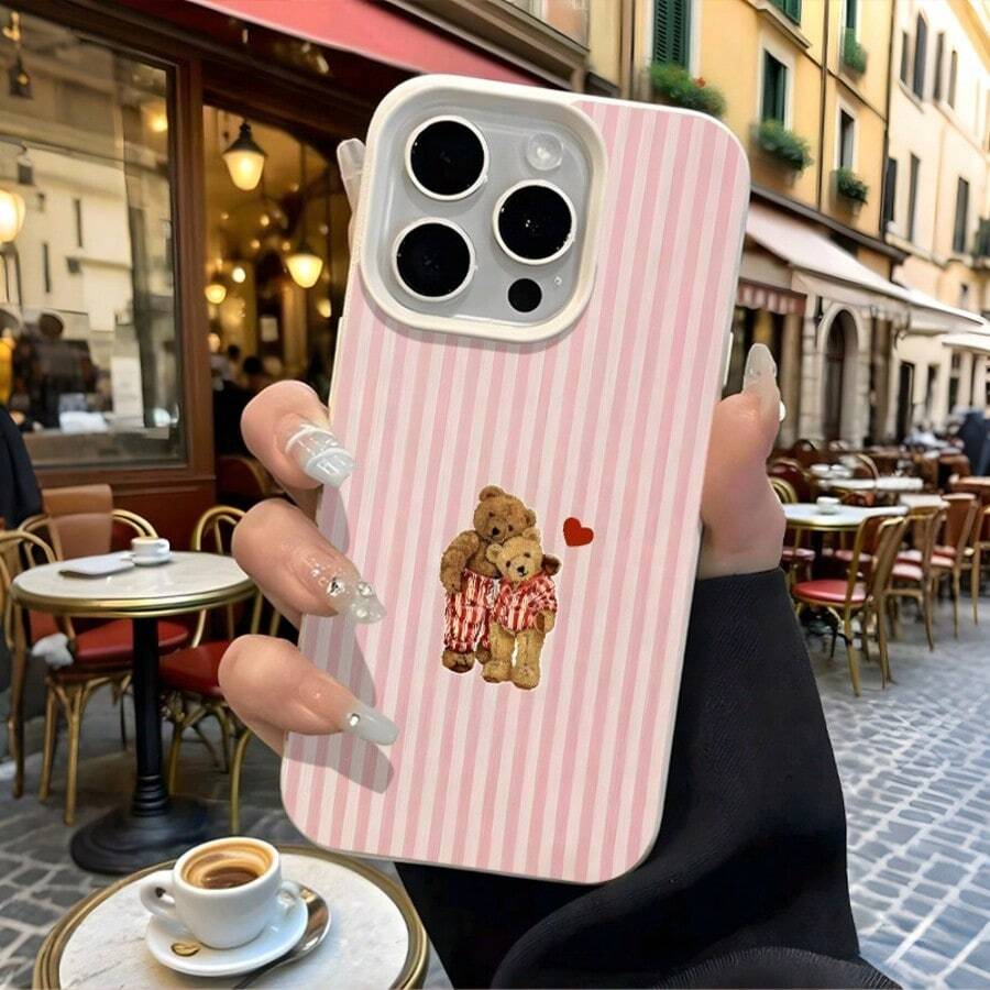 1个条纹小熊爱心图案荔枝纹理TPU手机壳，兼容苹果17/16/15/14/13/12/11 Plus/Pro Max系列，个性化INS风格保护套，时尚简约可爱设计，全方位保护 - 彩色 - 查看 1