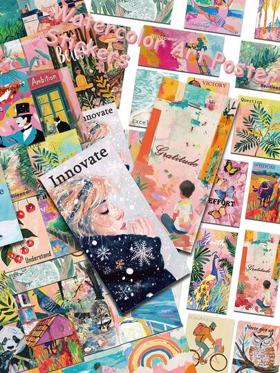 50pcs Cartoon Inspirational Watercolor Art Poster Stickers Decals For Laptop Notebook Suitcase Skateboard Guitar Helmet Graffiti Aesthetic Stickers Creative Gifts