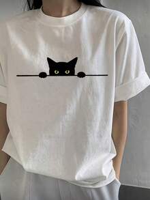 女士休闲宽松卡通猫印花短袖T恤，夏季 - 白色 - 查看 1