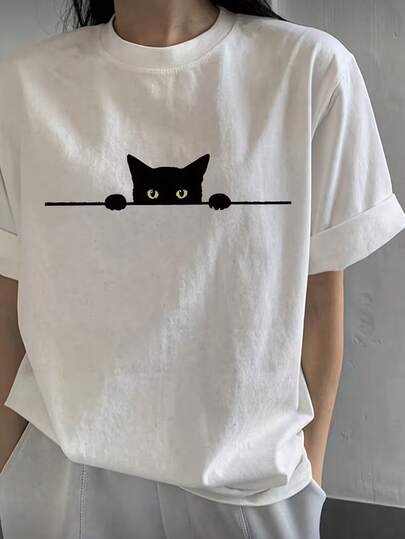 女士休闲宽松卡通猫印花短袖T恤，夏季