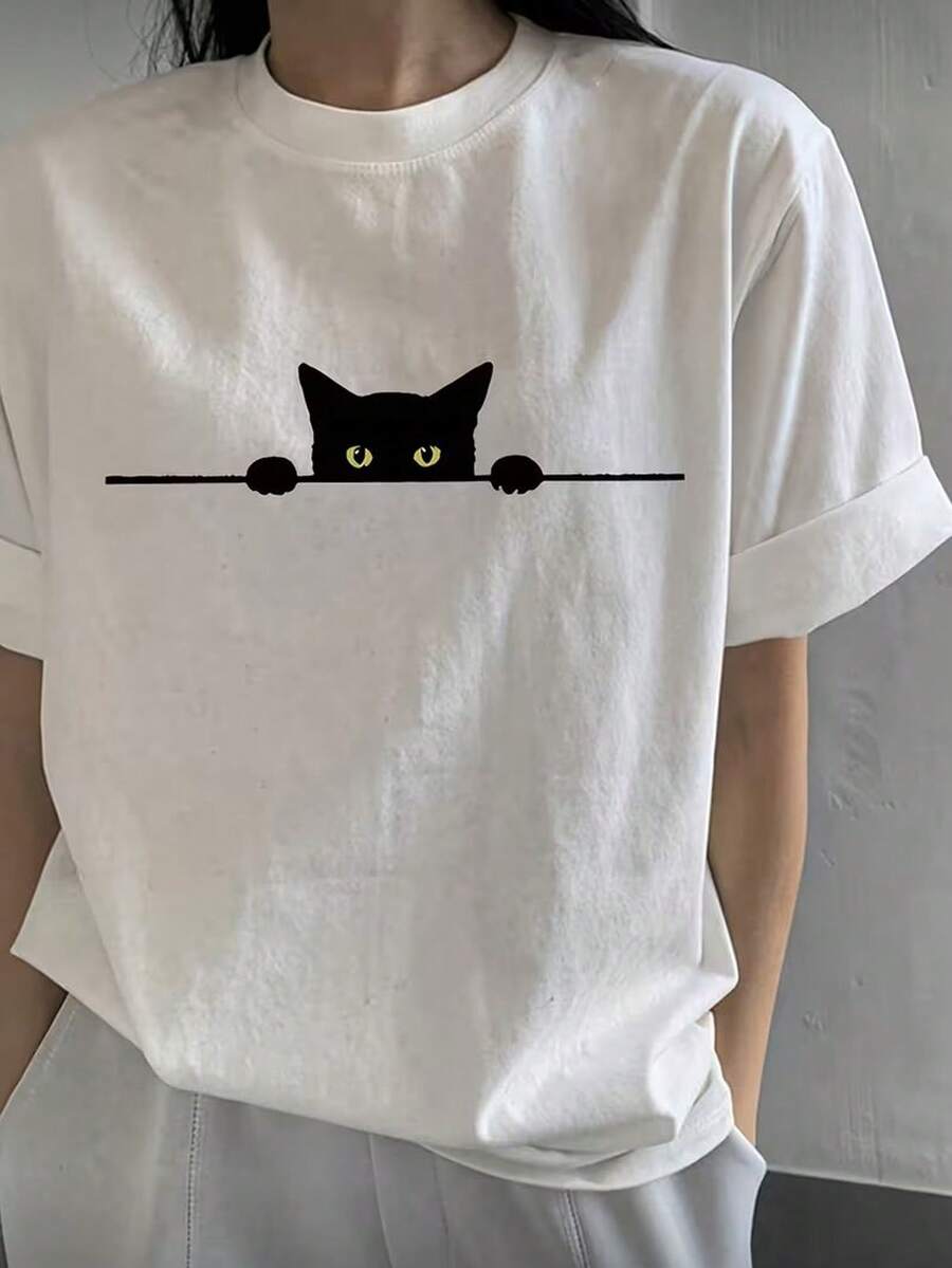女士休闲宽松卡通猫印花短袖T恤，夏季 - 白色 - 查看 1