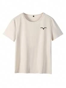 GRDR 男士圆领短袖休闲线条艺术动物印花极简度假T恤，适合夏季穿着，舒适透气，引领时尚潮流 - 杏色 - 查看 3