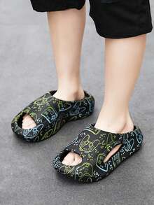 1 Pasang Sandal Anak Motif Kartun Lucu, Sandal Dalam dan Luar Ruangan yang Nyaman dan Ringan, Sandal Rumah Modis, Motif Acak - Hitam - View 1