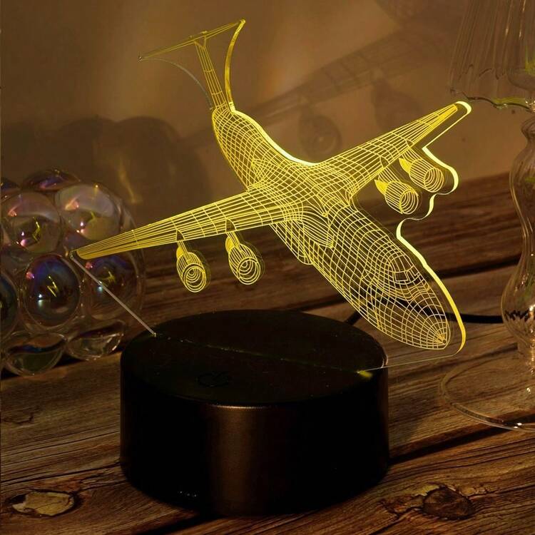 1个创意3D飞机夜灯 - 触摸激活，多色LED灯，USB供电台灯，黑色底座 - 送朋友、生日或家居装饰礼物，飞机造型装饰 - 彩色 - 查看 6