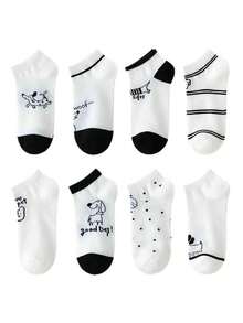 8 pares de calcetines de tobillo de estilo de verano delgado con dibujos animados blancos para mujeres - Multicolor - Ver 4