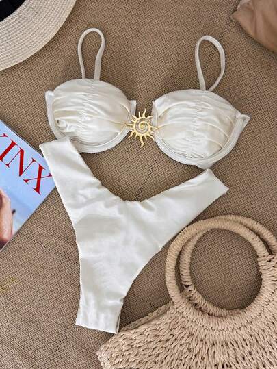Bikinx Conjunto de Maiô Bikini Sexy de Cor Sólida Metálica para Mulheres, Adequado para Férias na Praia de Verão