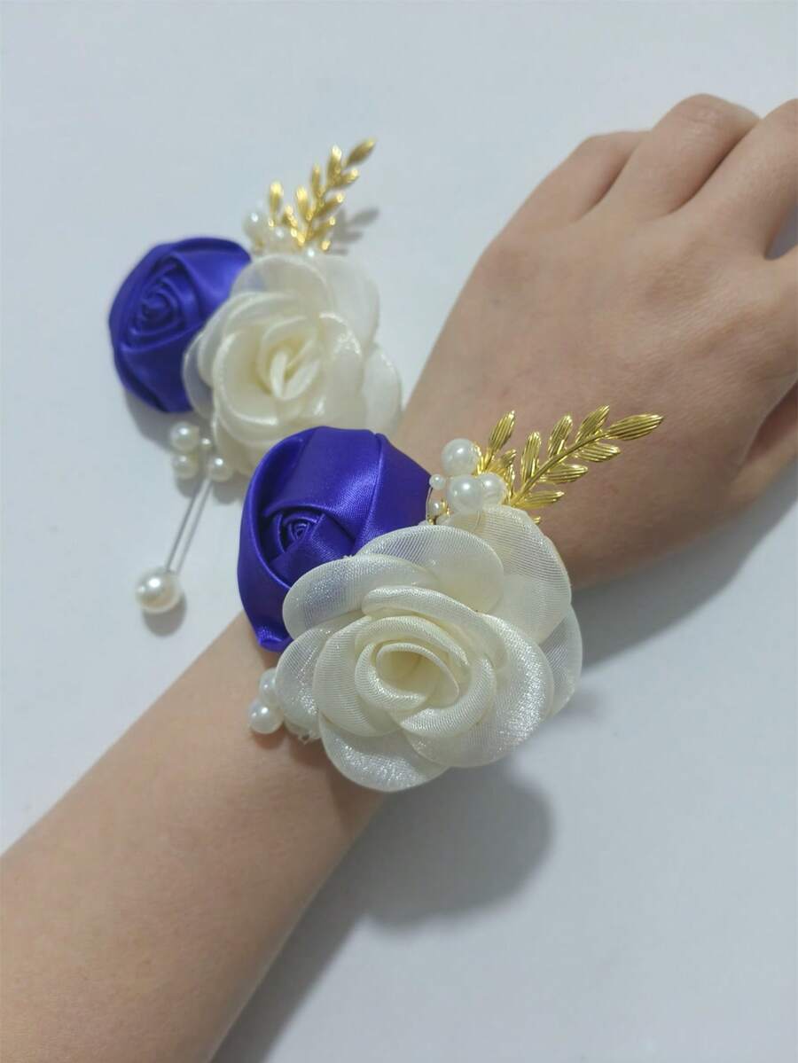 1pc Boutonniere + 1pc Wrist Corsage, Champagne & Blue Dual Flower Decor, Elegant For Wedding, Banquet, Party, Bride, Bridesmaid, Daily Wear, Valentine's Day,Summer,Beach - 713 Purple + Rice - View 1