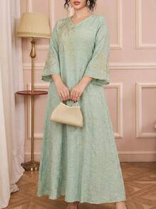 Solessence Ramadan Damen elegantes besticktes Gold Perlen Dekor Kleid im arabischen Stil mit V-Ausschnitt, kreative Ärmel, modisch & graziös, Frühling/Sommer 2025 Eid Al-Adha Kollektion, bescheidener Kaftan - Grün - Übersicht 2