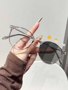 1 Pair Classic Round Photochromic Fashion Glasses, Suitable For Women's Daily Wear And Driving In Summer - 1pc Transparent Gray Frame-gray - View 7