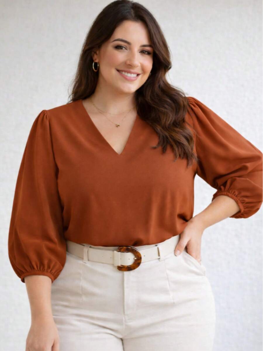 Women's 3/4 Sleeve Blouse In Duna Crepe, Elegant, Workwear, Plus Sizes GG G1 G2 G3, Evangelical Fashion - Terracotta - 紅陶 - 查看 1