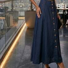 Women's Set: Long Skirt And Cropped Top With Functional Gold Buttons - Azul - Ver 3