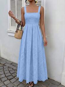 Womens Sleeveless Maxi Summer Dresses 2026 Hollow Out Eyelet Square Neck Ruffle Flowy Beach Vacation Sundress - Màu xanh nhạt - Xem 2