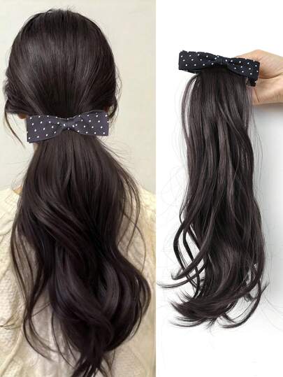 Tóc giả đuôi ngựa dài 15 inch với kẹp cài hình nơ chấm bi, tóc giả đuôi ngựa tổng hợp dành cho nữ, tóc giả đuôi ngựa buộc nửa đầu có nơ trông rất thật, phù hợp cho phái nữ.
