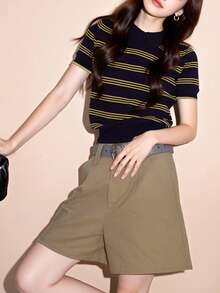 Women's Casual Striped Collared Knit Short Sleeve Top, Suitable For Summer Vacation - Navy Blue - View 3