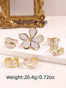 6pcs/Set Vintage Unique Delicate Luxurious Elegant Versatile Creative Asymmetrical Geometric White Enamel Flower Ring Set, Suitable For Daily Wear, Festivals, Parties, Gift For Mom, Wife - Multicolor - View 8