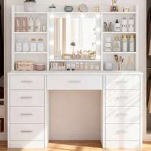 Dressing Table With 3-Color LED Lights Mirror, Adjustable Brightness, Vanity Table Makeup Desk With 9 Drawers And 7 Storage Shelves, Modern Vanity Desk For Bedroom Dressing Room, White - White - View 1