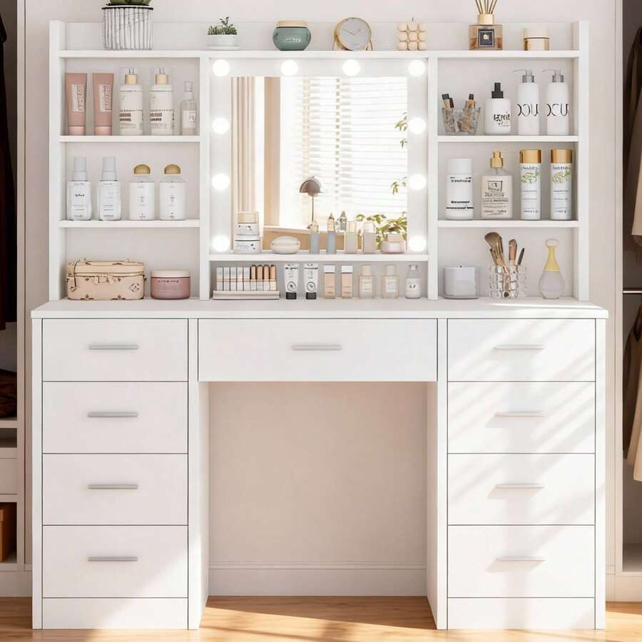 Dressing Table With 3-Color LED Lights Mirror, Adjustable Brightness, Vanity Table Makeup Desk With 9 Drawers And 7 Storage Shelves, Modern Vanity Desk For Bedroom Dressing Room, White - White - View 1