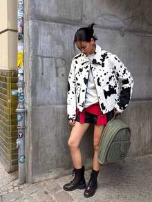 Women's Retro American Street Style Contrast Color Cow Print Jacket, Loose Fit Flattering, Niche Design Short Jacket Vacation Spring - Black and White - View 4