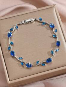 1 Peça Pulseira de Tênis de Zircônia Brilhante Rosa e Azul Marinho de Alta Qualidade, Design Único de Flor e Folha de Cobre, Acessório da Moda para Mulheres, Adequado para Uso Diário, Festivais, Casamento, Dia das Mães, Presentes de Feriado - Dourado + azul marinho - Visão 3