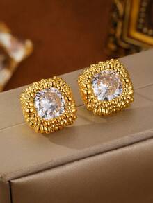 1 Pair Women's Elegant Synthetic Zirconia Retro Earrings, Sophisticated Square & Round Flower Stud Earrings, Suitable For Daily, Business, Vacation, Wedding, Party Wear, Anniversary, Ramadan, Mother's Day, Valentine's Day Jewelry Gift - Square Diamond Flower Stud Earrings - View 1