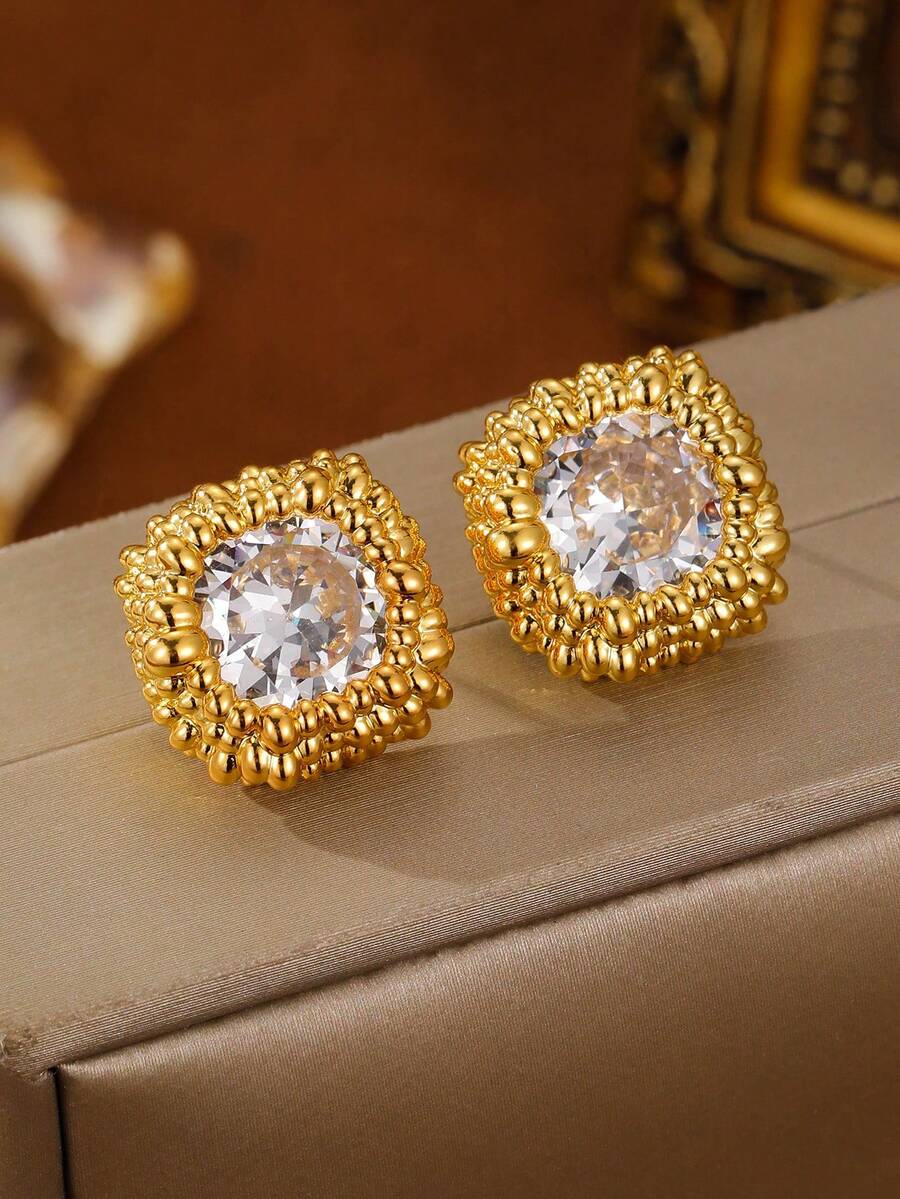 1 Pair Women's Elegant Synthetic Zirconia Retro Earrings, Sophisticated Square & Round Flower Stud Earrings, Suitable For Daily, Business, Vacation, Wedding, Party Wear, Anniversary, Ramadan, Mother's Day, Valentine's Day Jewelry Gift - Square Diamond Flower Stud Earrings - View 1