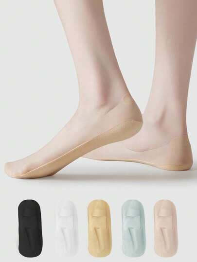 5 Pairs Women's Breathable Silicone Non-Slip Ultra-Thin Elastic Ice Silk Low-Cut Invisible Socks, High Quality, Spring/Summer