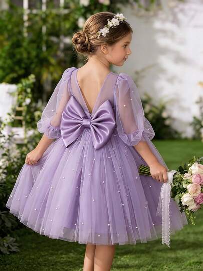 Young Girl Elegant Bowknot Flower Girl Dress, Princess Dress Suitable For Small Girls Wedding, Party, Birthday, Banquet, Formal Occasion