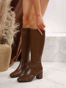 Sleek Knee-High Block Heel Boots - Side Zip Design For Elevated Casual & Night Out Styling (Timeless Elegance Meets All-Day Comfort) - Brown - View 4