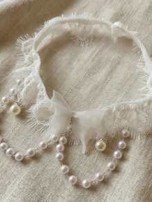 新娘吊袜带，配有可爱蝴蝶结、蕾丝和性感珍珠腿链，大腿吊袜带 - 白色 - 查看 5