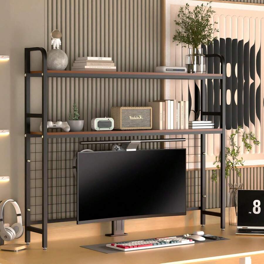Bookshelf For Desk,2-Tier Desktop Bookshelf - Metal Desktop Bookshelf Organizer,Desk Book Organizer With 3 Hooks & DIY Storage Mesh,Suitable For Office/Game Room/Study/Powder RoomPerfect For Organizing Books, Magazines, Office Supplies(Brown) - màu nâu - Xem 1