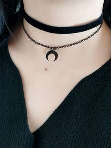 1件装 女士哥特复古朋克风双层黑色月亮吊坠项链 - 彩色 - 查看 3
