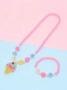 2pcs/Set Girls Cute Ice Cream Pendant Necklace And Beaded Bracelet Jewelry Set, Suitable For Festivals, Parties, Birthdays, And Daily Wear - one-size - View 10