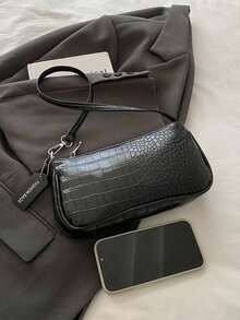 Crocodile Embossed Korean Style Women's Handbag, New Fashion Shoulder Bag, Minimalist Crescent Shaped Tote Bag For Women, Commuting , Green - 黑色 - 查看 3