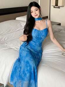 Y6Y - Đầm dài hai dây màu xanh dương mới mùa hè, kiểu dáng gợi cảm, thắt eo, dành cho nữ. - Màu xanh lam - Xem 1