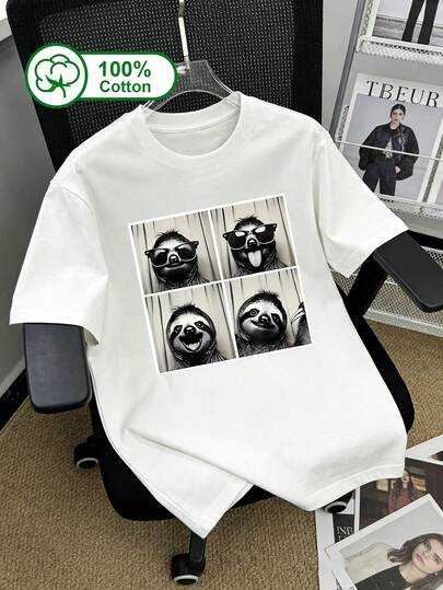 Women's Casual 100% Cotton Short Sleeve T-Shirt, Featuring Black & White Cartoon Sloth Print Pattern, Suitable For Outdoor Wear, Summer Clothing, Graphic Tee