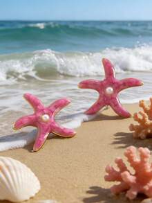 1 Set Asymmetrical Starfish Design Stainless Steel & Plastic Earrings, Fashionable & Elegant, Suitable For Women's Beach Vacation, Gathering With Friends, Or Beach Dates - Yellow Gold - View 1