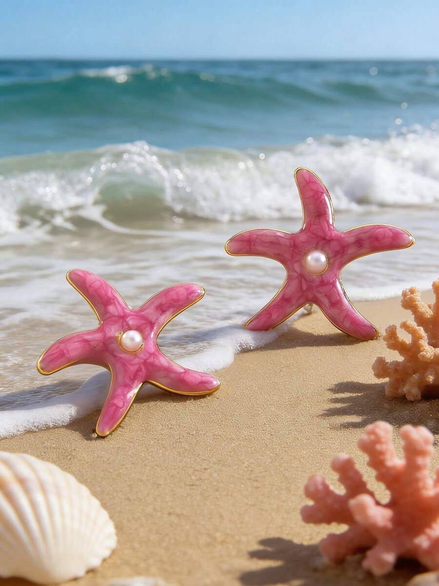 1 Set Asymmetrical Starfish Design Stainless Steel & Plastic Earrings, Fashionable & Elegant, Suitable For Women's Beach Vacation, Gathering With Friends, Or Beach Dates - Yellow Gold - View 1