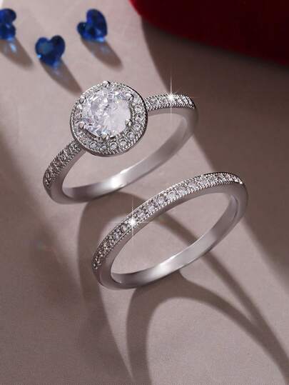 Bộ 2 nhẫn sang trọng, đính đá Cubic Zirconia tổng hợp tròn sáng bóng, lấp lánh rực rỡ, thích hợp làm nhẫn cưới, nhẫn đính hôn, trang sức cô dâu, nhẫn cưới nữ, trang sức cầu hôn, quà tặng Valentine cho người yêu.
